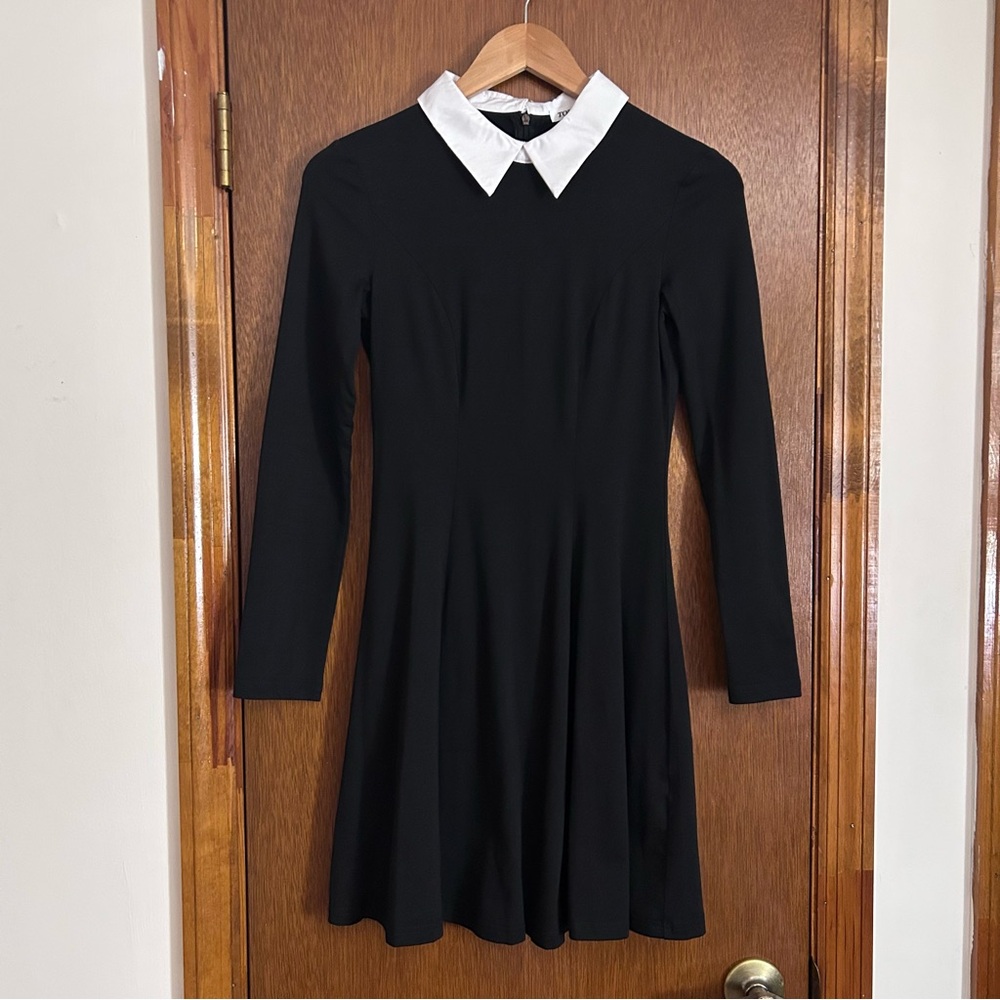 TORARY Long Sleeve Peter Pan Collar Skater Dress Black White XS